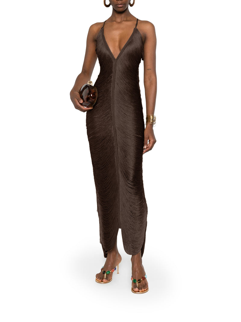 LONG SOLÉ DRESS WITH FRINGES AND V-NECK