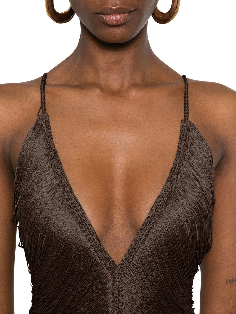 LONG SOLÉ DRESS WITH FRINGES AND V-NECK