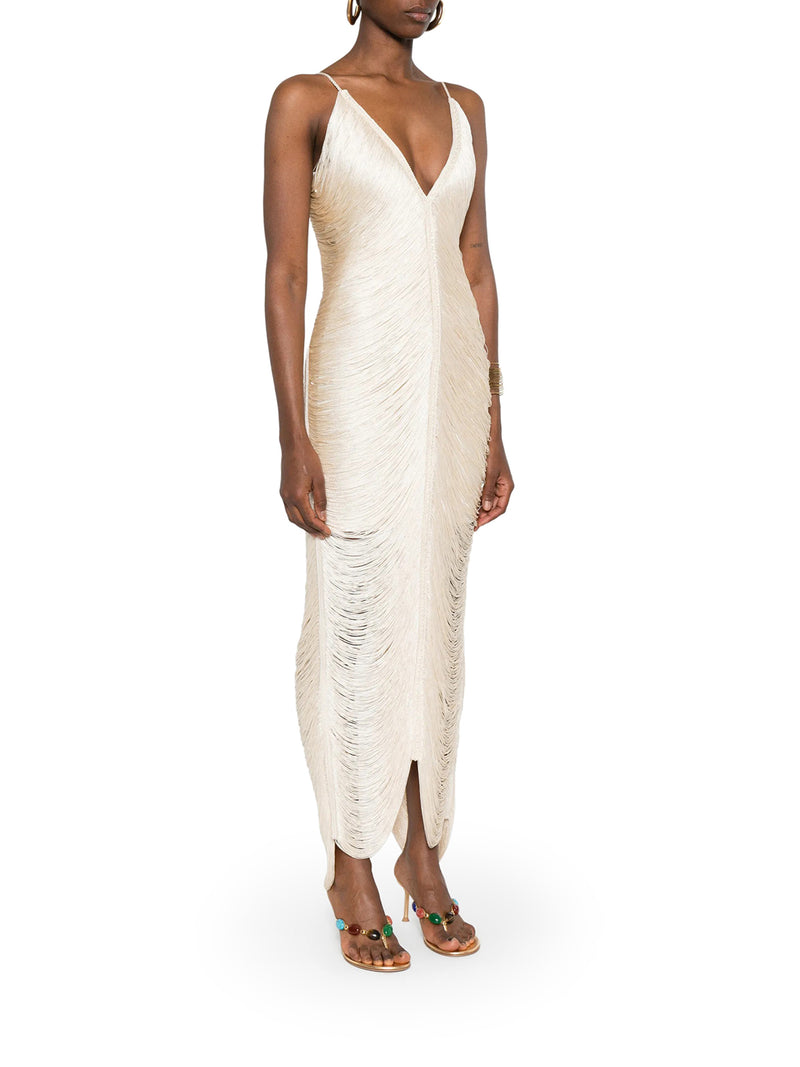 LONG SOLÉ DRESS WITH FRINGES AND V-NECK