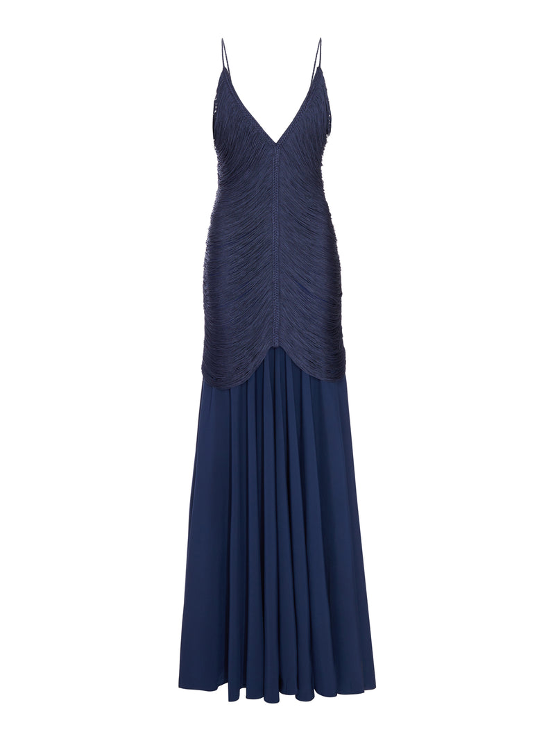 LONG NOSTALGIA DRESS WITH FRINGES AND V-NECK