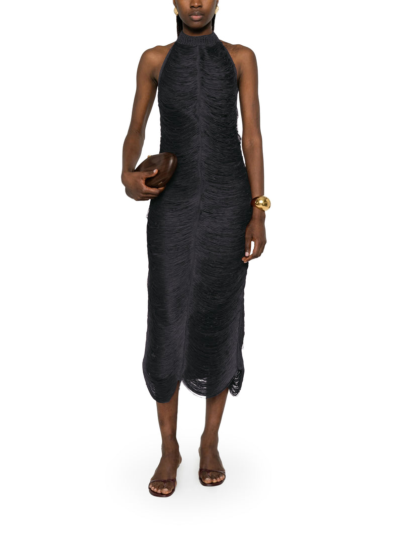 BERYL LONG DRESS WITH FRINGES AND HALTER NECKLINE