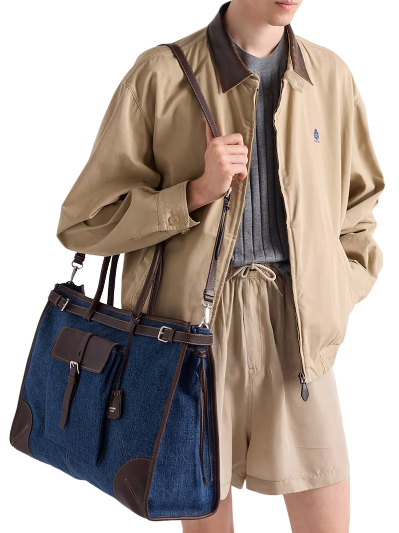 PRADA BONNIE SHOPPING BAG IN DENIM AND LEATHER