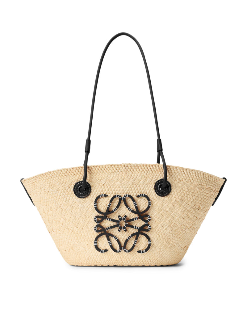 SMALL ANAGRAM BASKET BAG IN IRACA PALM AND CALFSKIN