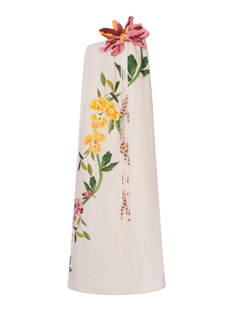 LONG DRESS WITH FLORAL PRINT AND MAXI APPLICATION
