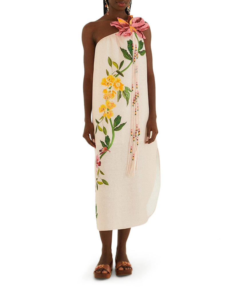 LONG DRESS WITH FLORAL PRINT AND MAXI APPLICATION