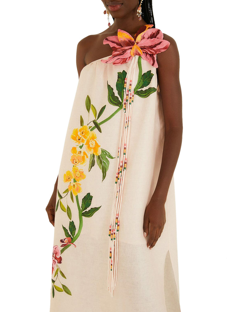 LONG DRESS WITH FLORAL PRINT AND MAXI APPLICATION