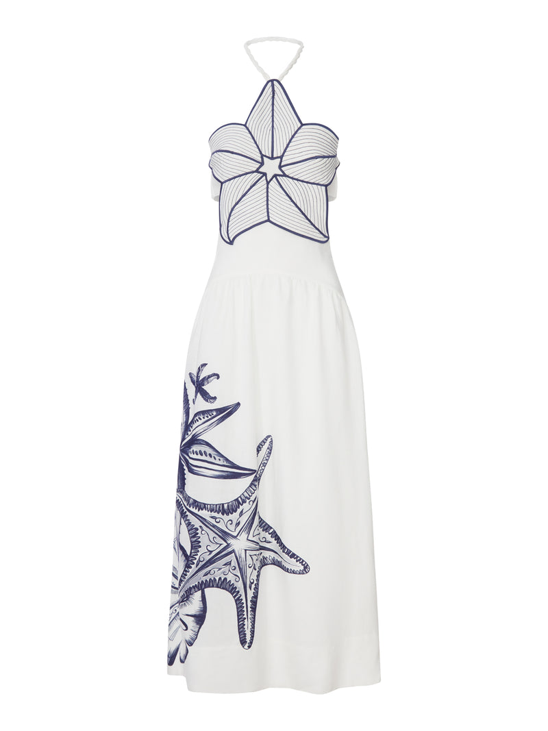 LONG HALTER DRESS WITH MARINE PRINT