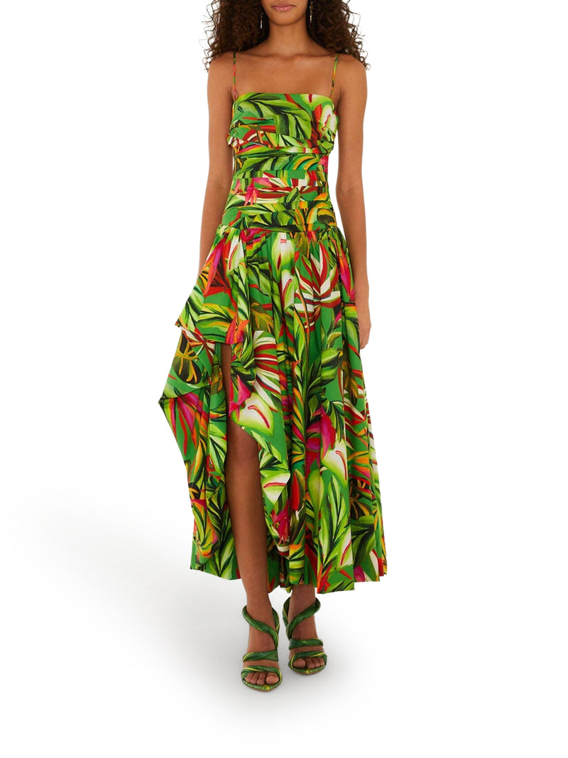 LONG TROPICAL DRESS WITH THIN STRAPS