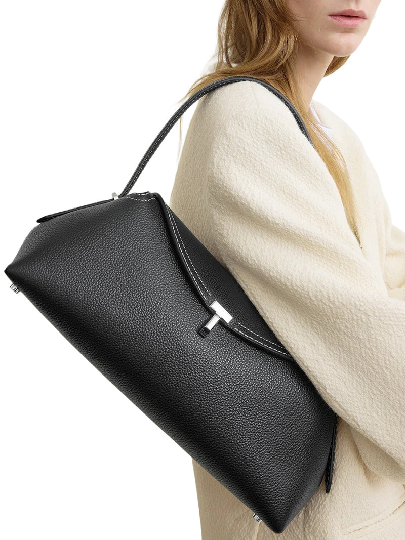 T-LOCK LEATHER BAG WITH CONTRASTING STITCHING