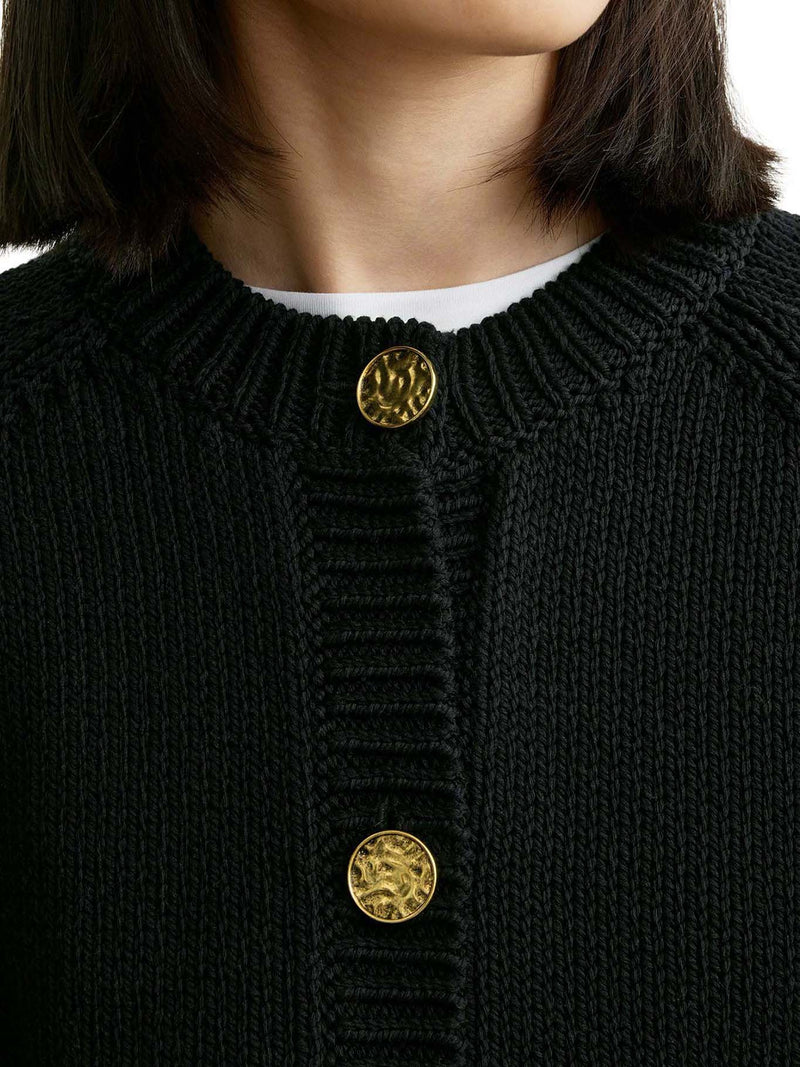 BLACK COTTON CARDIGAN WITH HAMMERED-EFFECT BUTTONS
