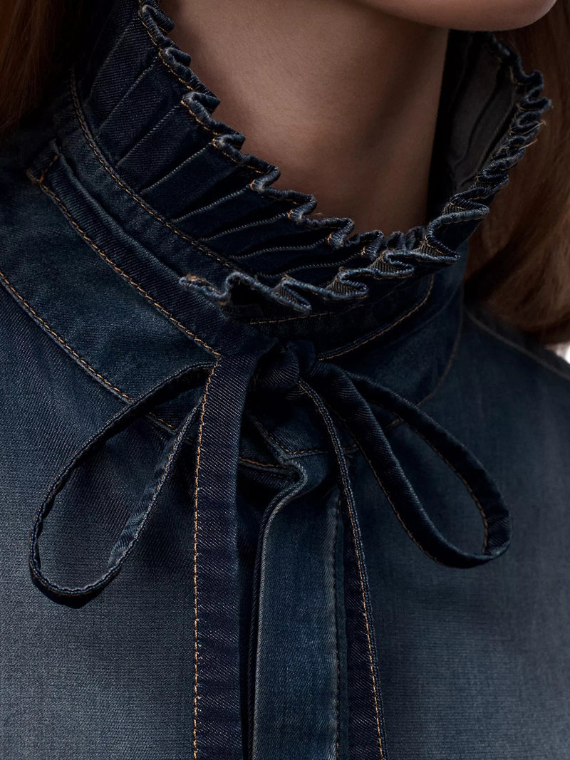 LONG BLOUSE WITH KNOT COLLAR IN COTTON DENIM