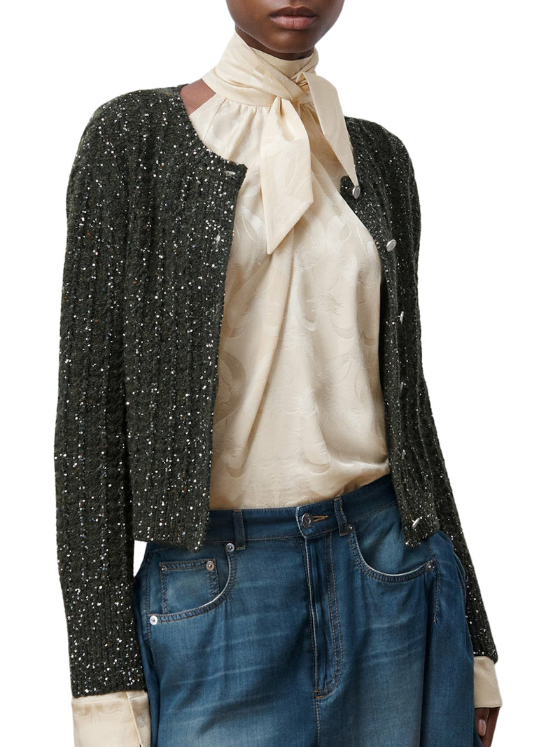 GREEN VIRGIN WOOL AND CASHMERE TWEED CARDIGAN EMBROIDERED WITH SEQUINS
