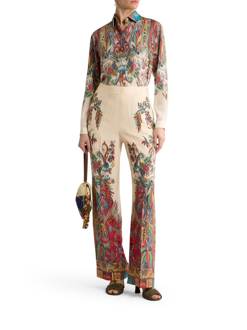 LONG SILK SHIRT WITH PLACED PAISLEY FOLIAGE PRINT