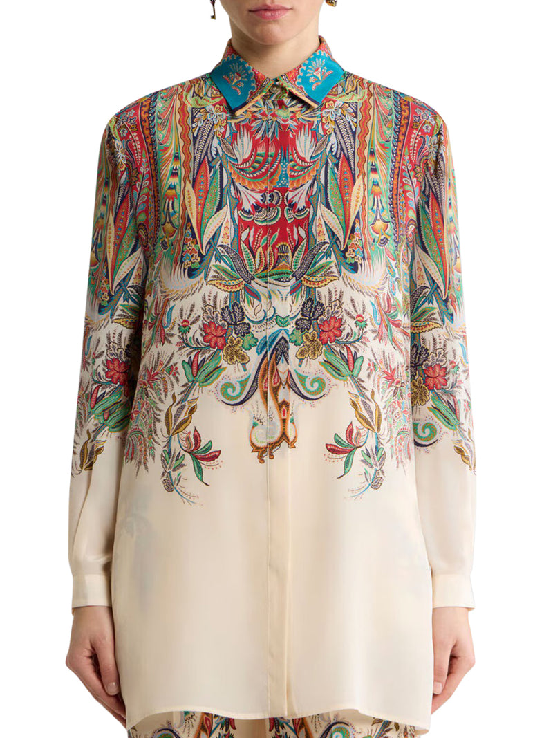 LONG SILK SHIRT WITH PLACED PAISLEY FOLIAGE PRINT