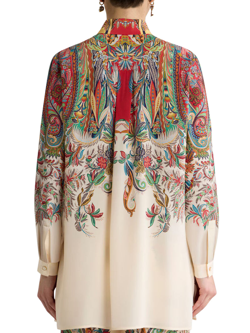 LONG SILK SHIRT WITH PLACED PAISLEY FOLIAGE PRINT