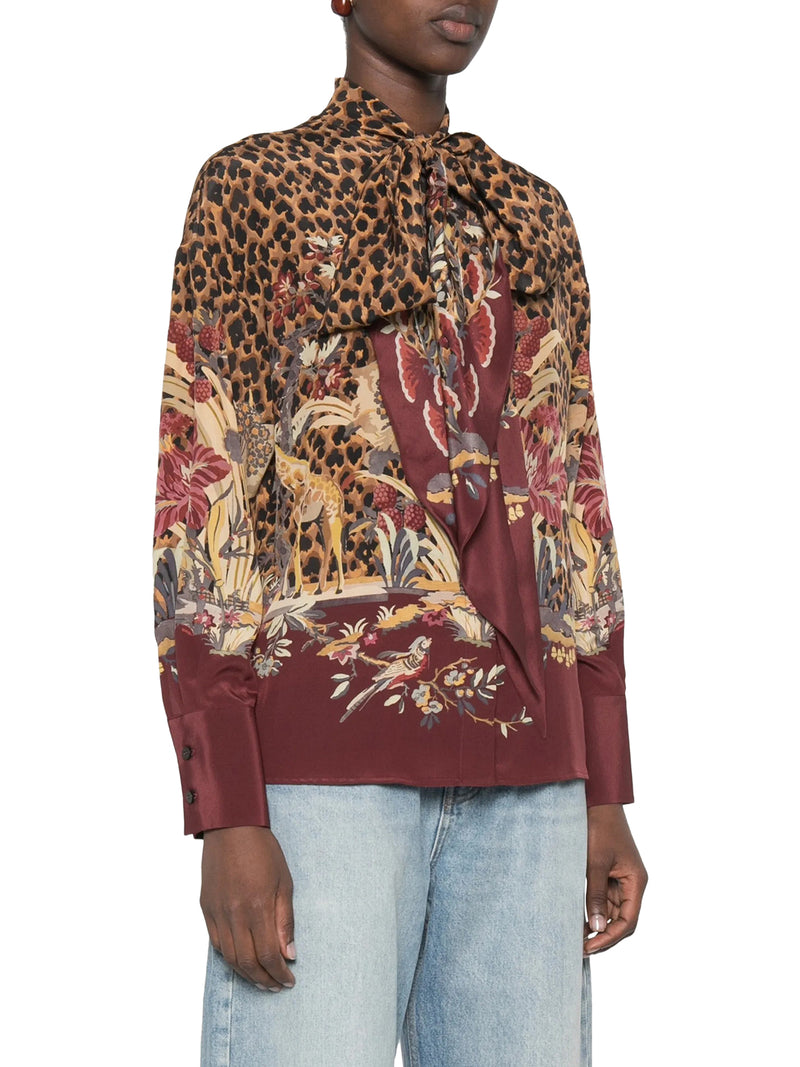 ANIMAL AND FLORAL PRINTED SHIRT WITH NECK BOW