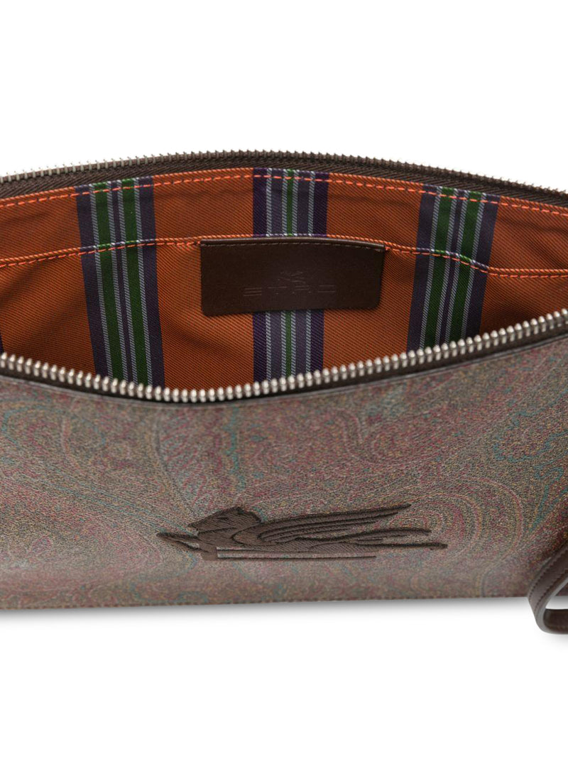 BROWN PAISLEY JACQUARD CANVAS CLUTCH WITH LOGO EMBROIDERY ON THE FRONT AND WRIST STRAP