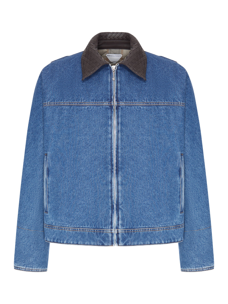 PADDED DENIM JACKET WITH LEATHER COLLAR
