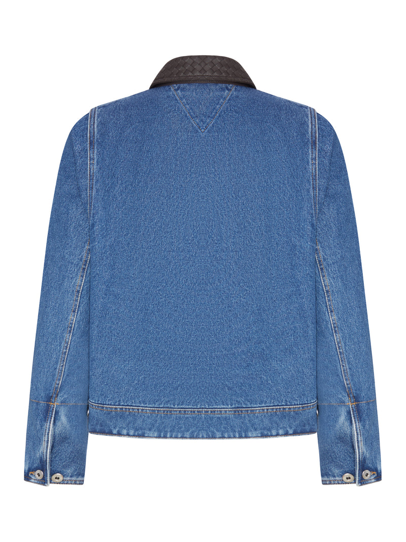 PADDED DENIM JACKET WITH LEATHER COLLAR