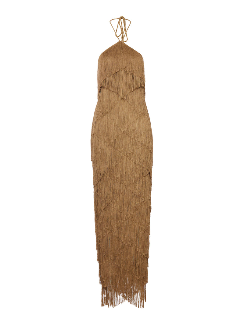 LONG HALTER DRESS WITH FRINGES