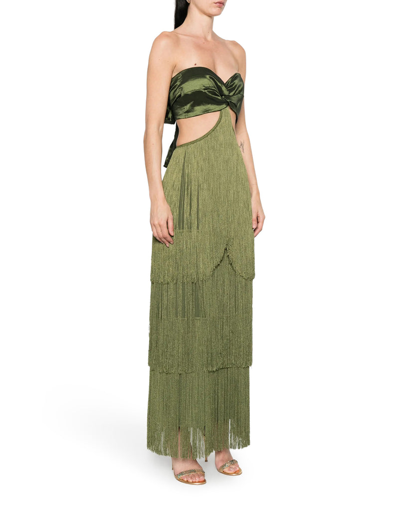 LONG DRESS WITH FRINGES AND SATIN BOW