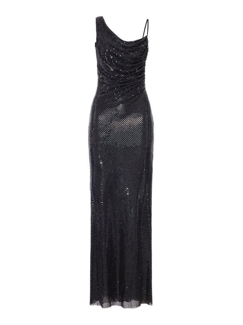 LONG BLACK DRAPED DRESS WITH RHINESTONE