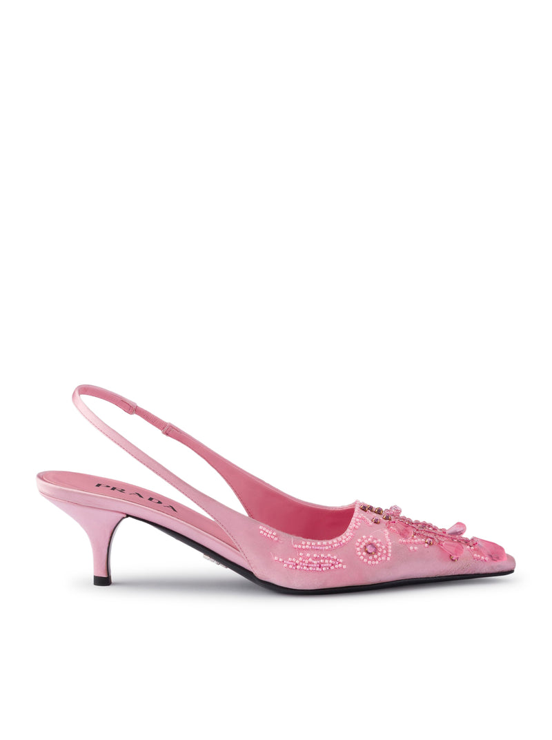 SATIN SLINGBACK PUMPS WITH EMBROIDERY