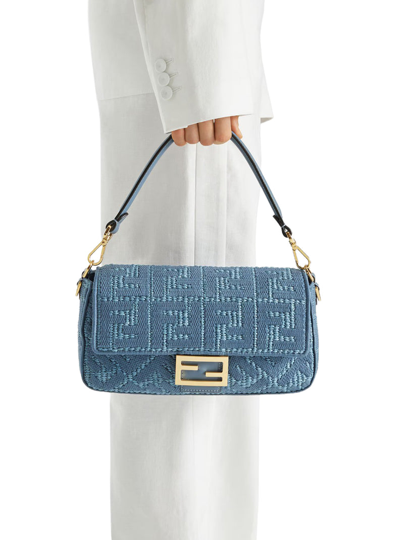BAGUETTE BAG IN WOVEN RAFFIA WITH BLUE FF EMBROIDERY