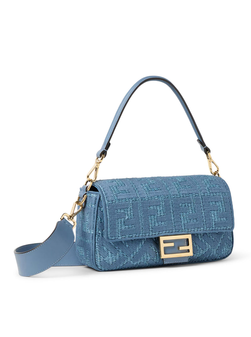 BAGUETTE BAG IN WOVEN RAFFIA WITH BLUE FF EMBROIDERY