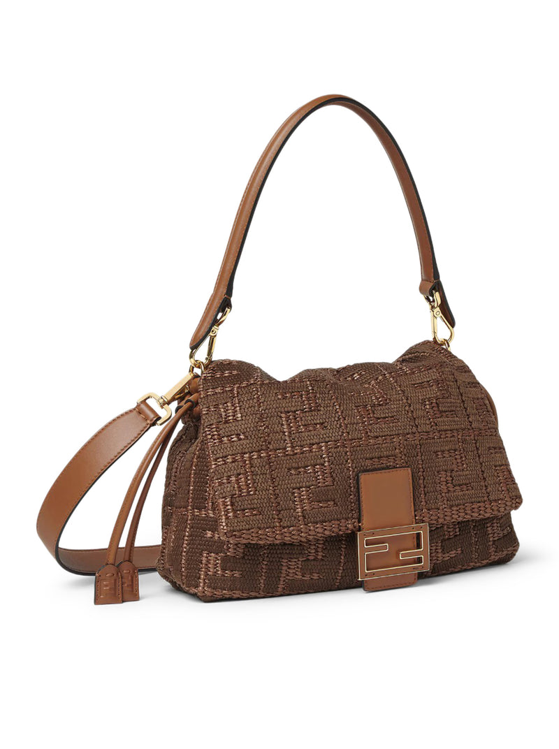 MAMMA BAGUETTE MEDIUM WOVEN RAFFIA BAG WITH FF SELLIER EMBROIDERY