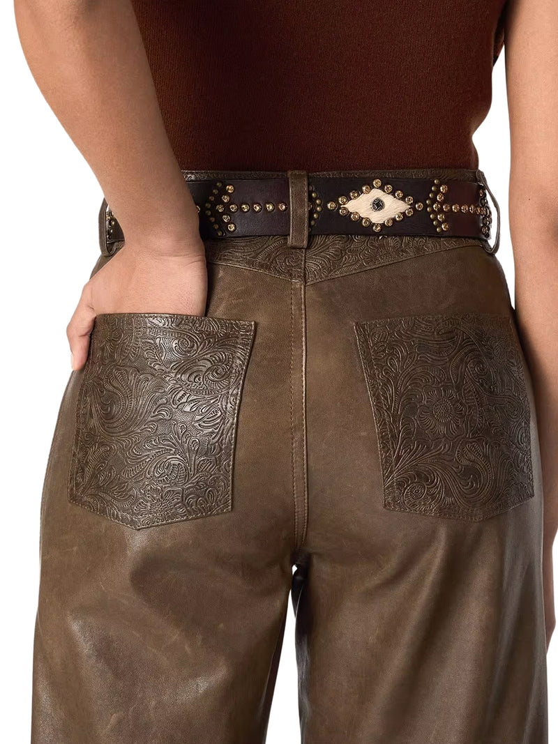 DARK GREEN PANELED WAXED NAPPA LEATHER TROUSERS