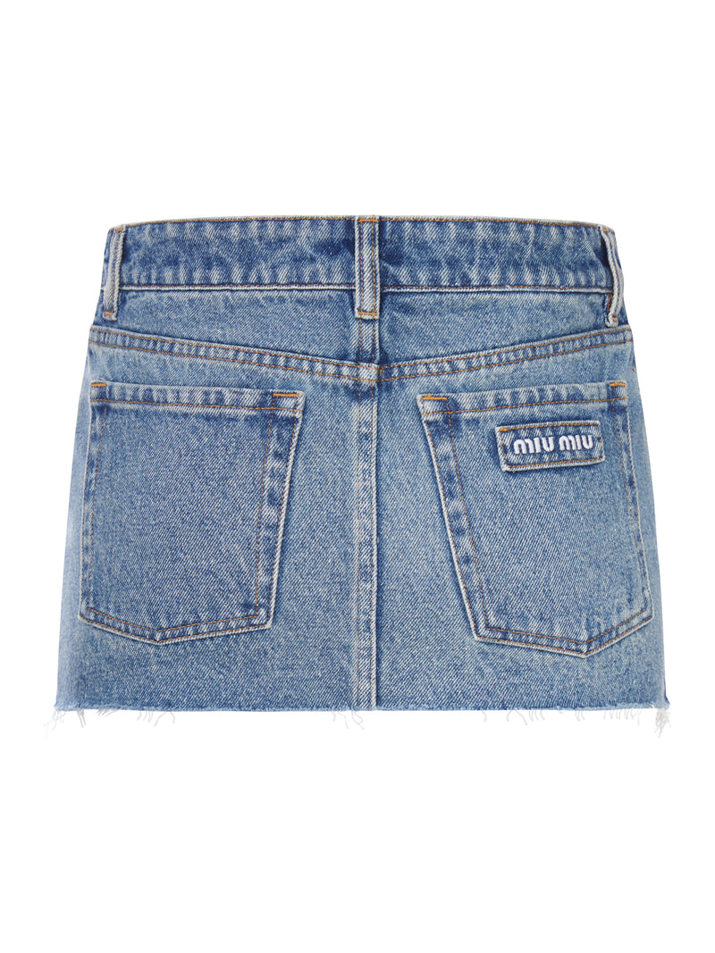 USED ??WASH DENIM MINI SKIRT WITH FRAYED HEM