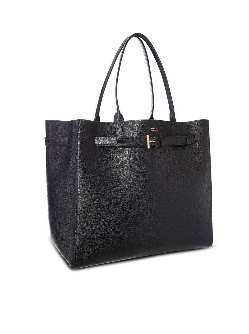 BLACK LEATHER TOTE BAG WITH T DETAIL