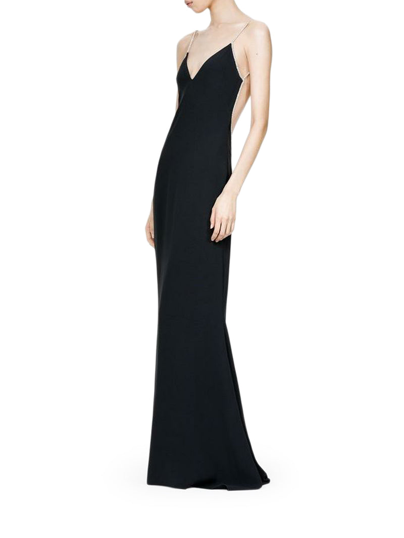 SATIN EVENING DRESS WITH CRYSTAL CHAIN EMBROIDERY AND OPEN BACK