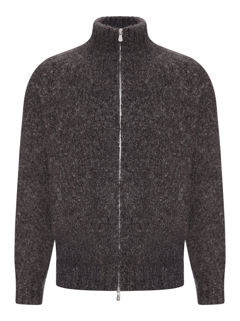 BOUCLE KNIT ZIP-UP SWEATER WITH HIGH NECK
