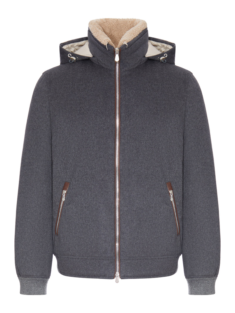 HOODED BOMBER JACKET IN WOOL AND SHEARLING