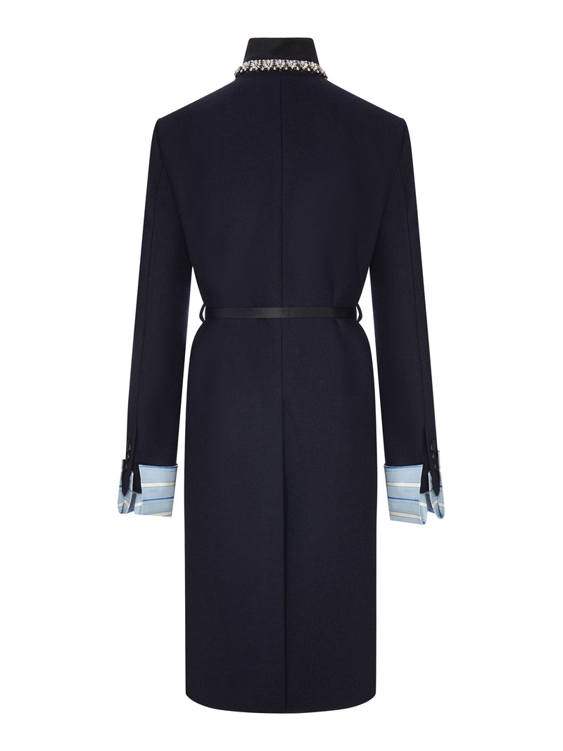 LONG WOOL COAT WITH BELT AND JEWEL COLLAR
