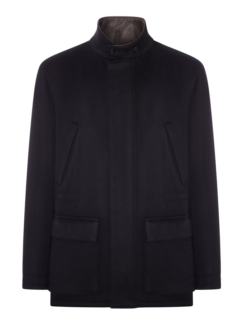 SHORT CASHMERE COAT WITH LEATHER COLLAR