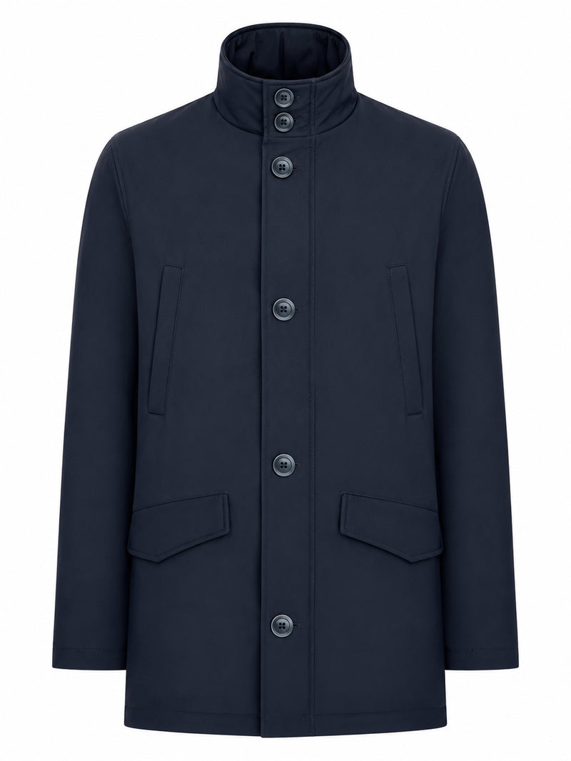 TECHNICAL FABRIC COAT WITH HIGH COLLAR AND BUTTONS