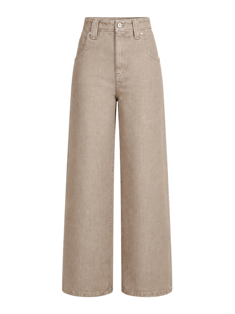 BEIGE LAMÉ DENIM BAGGY TROUSERS WITH EMBELLISHMENT