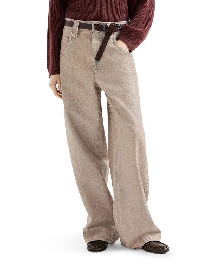 BEIGE LAMÉ DENIM BAGGY TROUSERS WITH EMBELLISHMENT