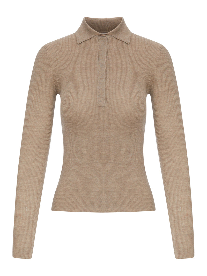 BEIGE RIBBED KNIT POLO SHIRT