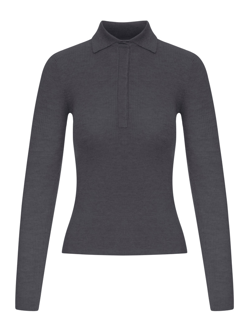 GREY RIBBED KNIT POLO SHIRT