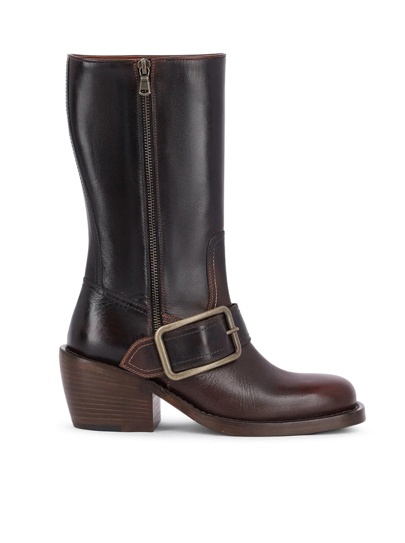 CALFSKIN BOOTS WITH A SQUARE TOE, ROUNDED BLOCK HEEL, AND BUCKLE DETAIL