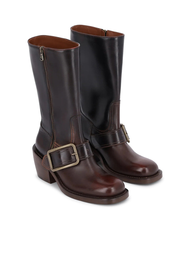 CALFSKIN BOOTS WITH A SQUARE TOE, ROUNDED BLOCK HEEL, AND BUCKLE DETAIL