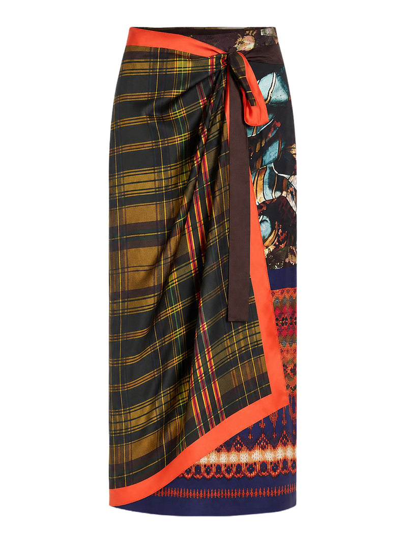 LONG SILK PAREO SKIRT WITH CONTRASTING ARCHIVE PRINTS