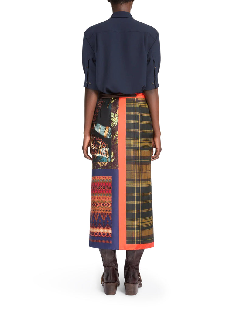 LONG SILK PAREO SKIRT WITH CONTRASTING ARCHIVE PRINTS
