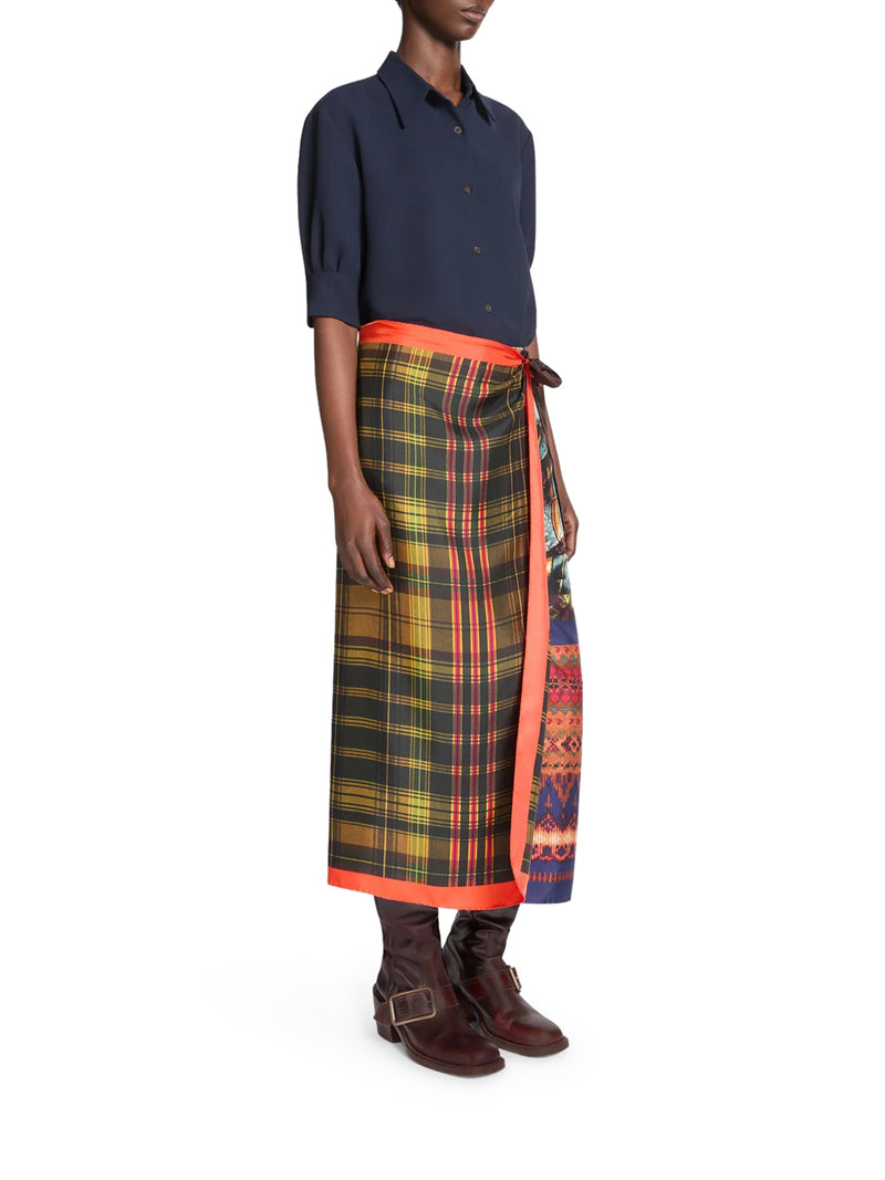 LONG SILK PAREO SKIRT WITH CONTRASTING ARCHIVE PRINTS