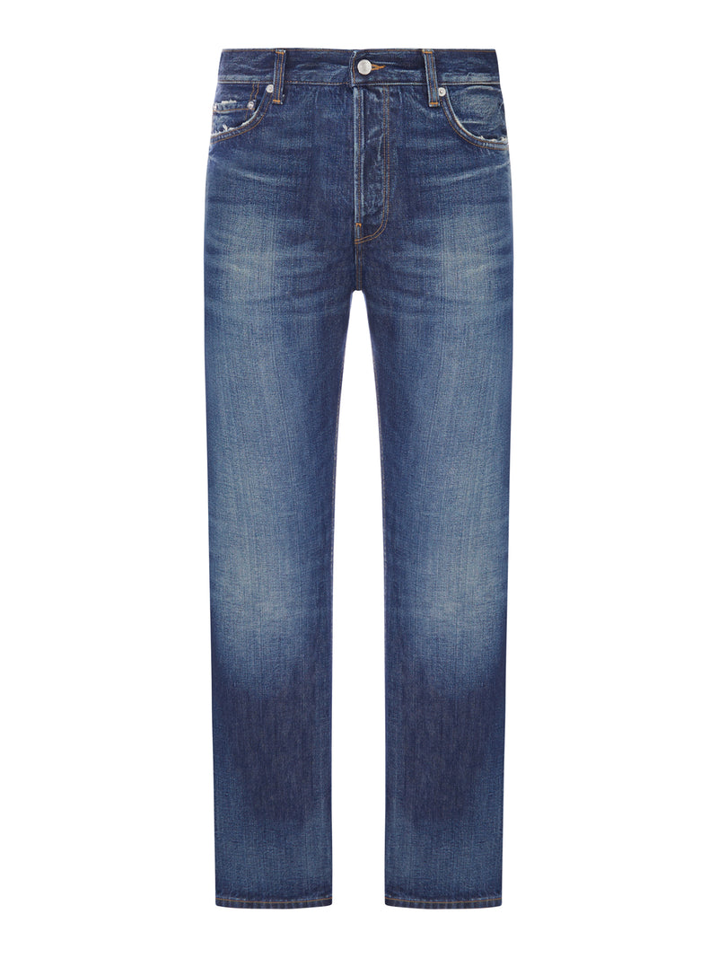 STRAIGHT LEG WASHED DENIM JEANS WITH POCKETS