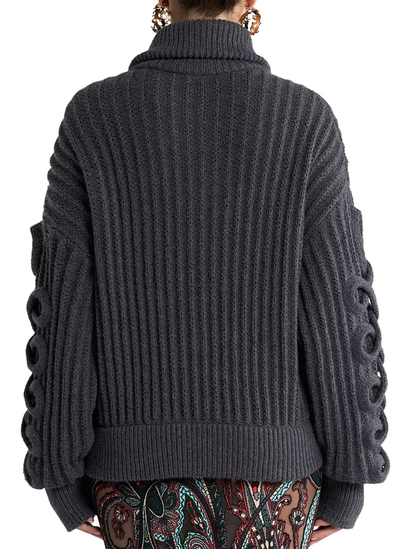RIBBED WOOL-BLEND ZIP-UP CARDIGAN WITH CABLE-KNIT DETAILS